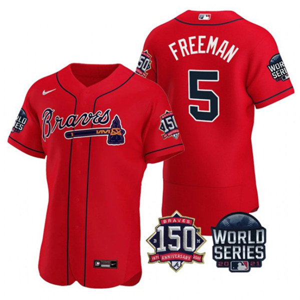 Men's Atlanta Braves #5 Freddie Freeman 2021 Red World Series With 150th Anniversary Patch Stitched Baseball Jersey